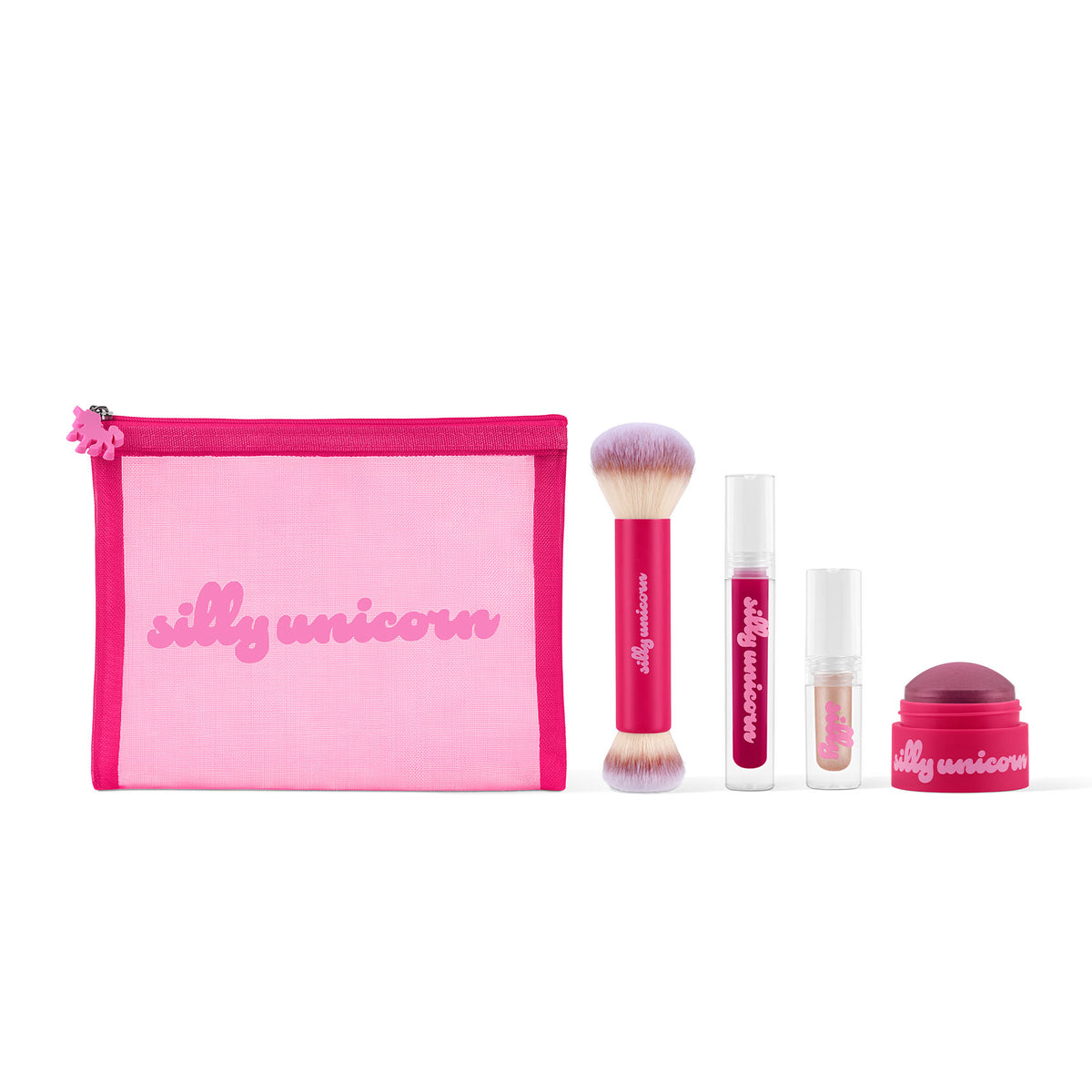 Silly Unicorn Color Pop Kit: Chouchou Eyes in Goldie, Doudou Lips in Cassis, Bonbon Cheeks in Poppy, brush and pouch