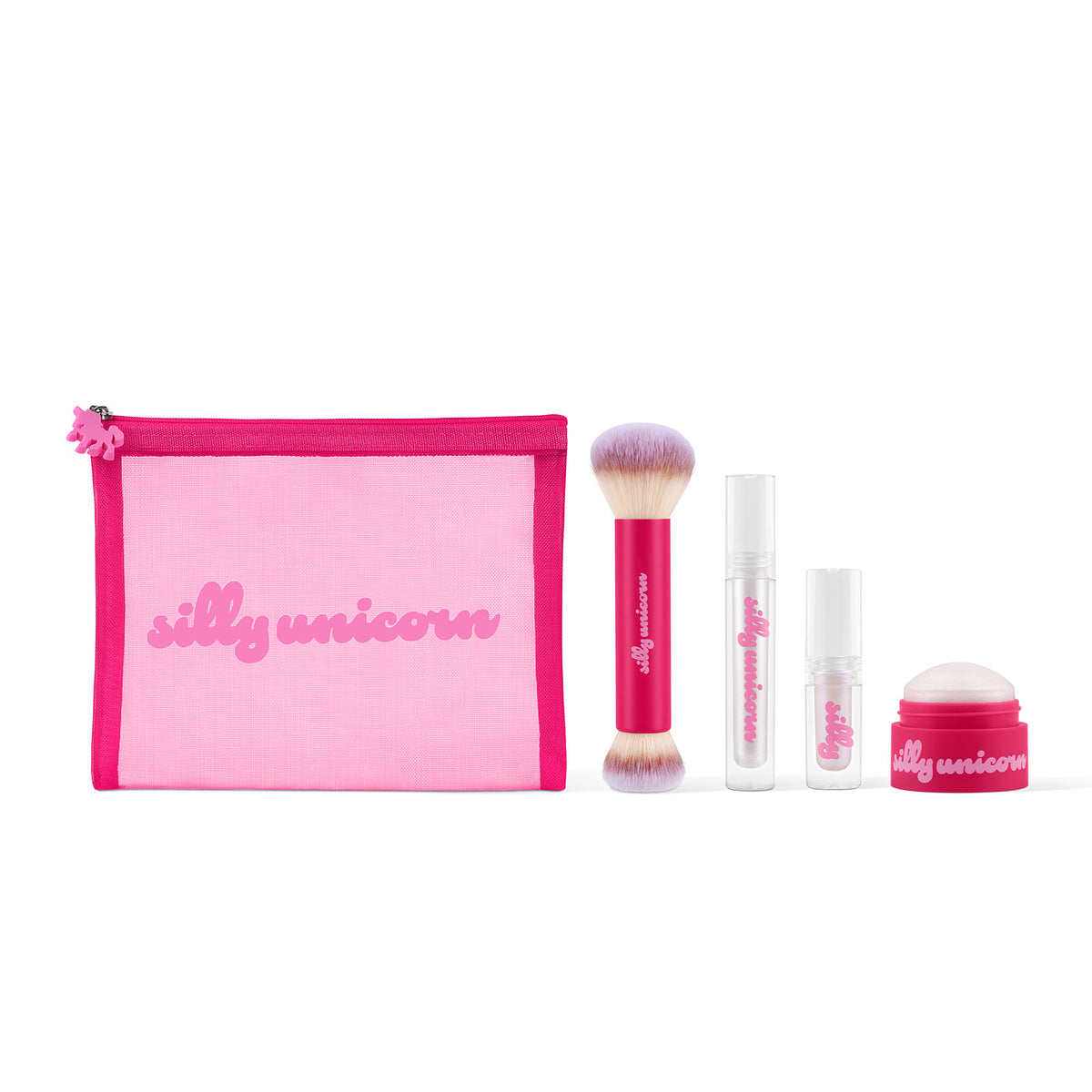 Silly Unicorn Glitter Kit: Chouchou Eyes in Glace, Doudou Lips in Disco, Bonbon Cheeks in Opale, brush and pouch